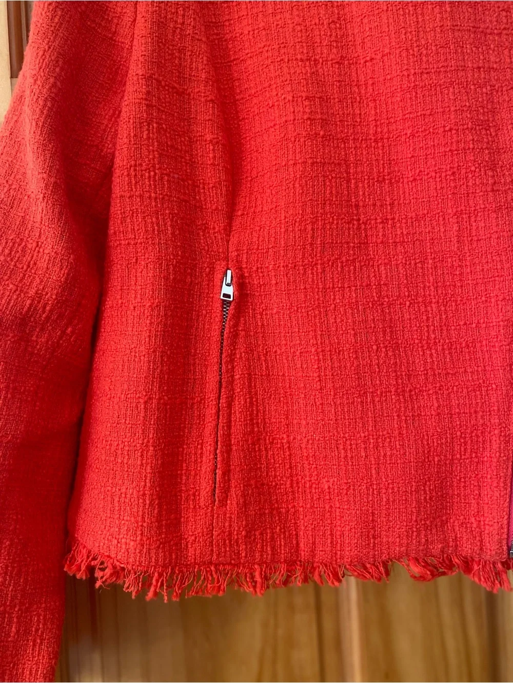 J.Crew Size 16 Vibrant Red/Orange Tweed Fringe Moto Jacket Asymmetrical Zip